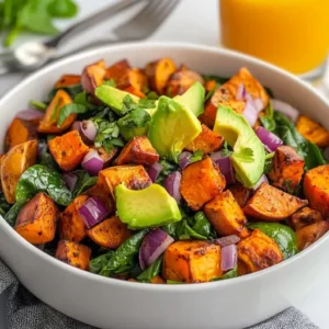 Sweet potato and spinach hash served in a white dish with diced red onions and sliced avocado on the side.