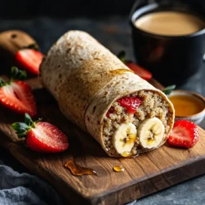 A quinoa-filled breakfast wrap with strawberries, banana slices, and almond butter, served on a wooden board with honey.