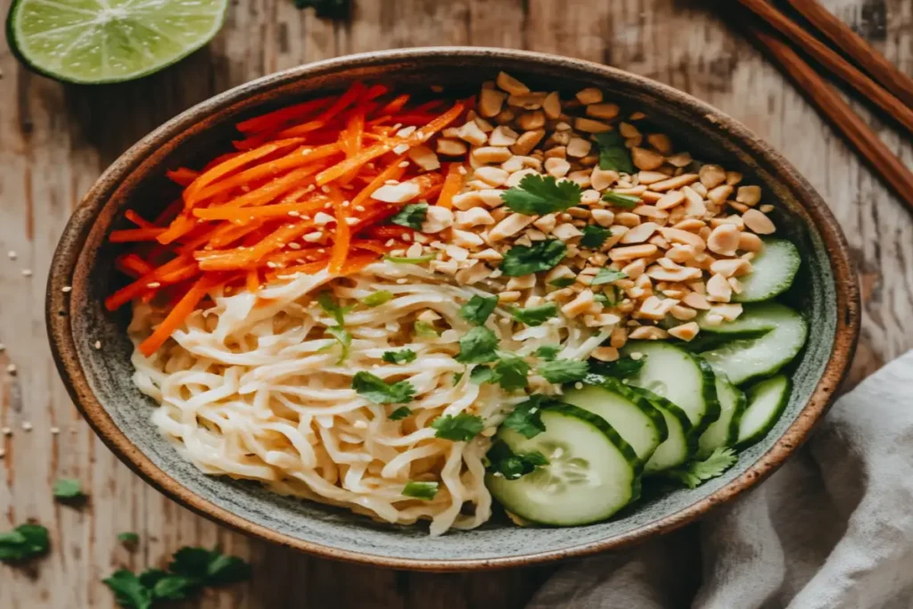 Overhead view of Thai Peanut Noodle Salad in a rustic ceramic bowl, with rice noodles, creamy peanut sauce, fresh vegetables, and garnishes.