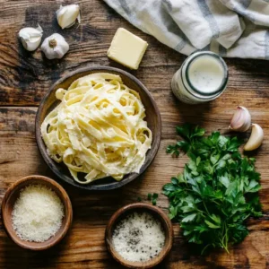 Flat lay of Fettuccine Alfredo ingredients, including pasta, butter, Parmesan cheese, heavy cream, parsley, garlic, salt, and pepper.