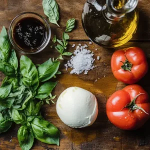 Fresh ingredients for a Caprese salad including tomatoes, mozzarella, basil leaves, olive oil, balsamic glaze, and sea salt on a rustic wooden countertop.