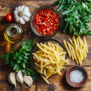 Flat lay of Penne Arrabbiata ingredients: garlic, olive oil, tomatoes, chili flakes, parsley, penne pasta, and salt.