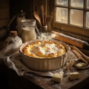 A vintage kitchen scene featuring a freshly baked Chicken Cobbler with a golden biscuit topping, surrounded by rustic cooking tools.