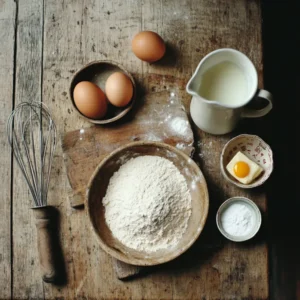 A flat-lay photo featuring essential pancake ingredients: sifted flour in a bowl, a jug of milk, cracked eggs, sugar, butter, a whisk, and a measuring cup on a rustic wooden counter.