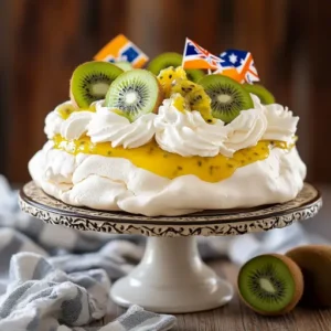 Pavlova dessert topped with whipped cream, kiwi, and passionfruit, with Australian and New Zealand flags in the background.