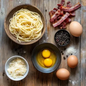 Flat lay of Spaghetti Carbonara ingredients, including egg yolks, Pecorino Romano cheese, spaghetti, turkey bacon, black pepper, and olive oil.