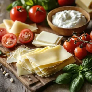 Fresh lasagna ingredients including tomatoes, pasta sheets, ricotta, mozzarella, basil, and béchamel sauce on a rustic countertop.