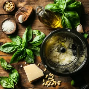 Fresh ingredients for pesto: basil leaves, pine nuts, olive oil, garlic, and Parmesan cheese on a rustic wooden table.