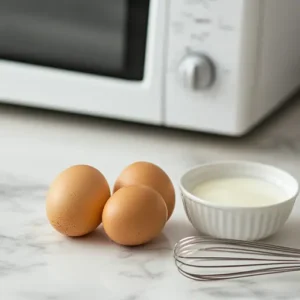 Fresh ingredients for microwave scrambled eggs, including eggs, milk, and a whisk on a clean kitchen countertop.