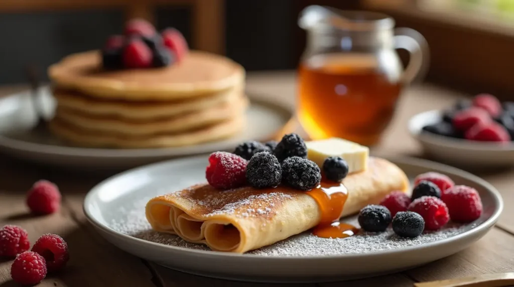 Two types of pancakes on a table: thin crepes with berries and fluffy pancakes topped with butter and syrup.