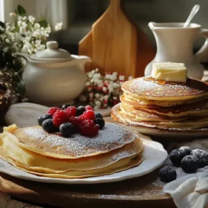 Breakfast table with thin crepes filled with berries and fluffy pancakes stacked with butter and syrup.