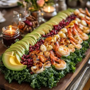 A gourmet Cobb salad presented on a wooden platter with shrimp, kale, pomegranate seeds, avocado, and a dressing jar, styled elegantly for a dinner party.