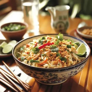 Large bowl of Thai Peanut Noodle Salad surrounded by plates, chopsticks, and lime wedges, set on a light wooden table.