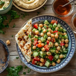 Mediterranean Chickpea Salad served with pita bread and hummus on a wooden table.