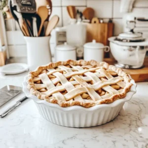 Unbaked apple pie with lattice crust in a pie dish, surrounded by baking tools on a kitchen countertop.