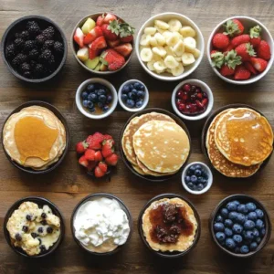 Frozen pancake flavors on a wooden table with syrup and fresh fruit toppings.