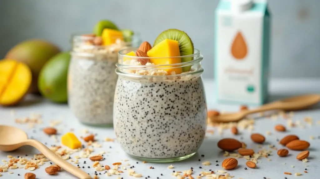 Vegan chia seed pudding in a glass jar topped with kiwi, mango chunks, and shredded coconut, set on a clean, modern surface.