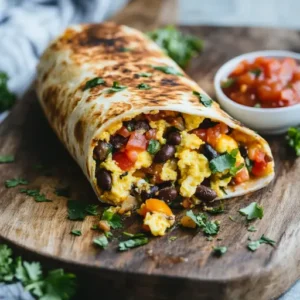 Vegetarian breakfast burrito sliced open to reveal scrambled eggs, colorful bell peppers, black beans, diced tomatoes, and melted cheese.