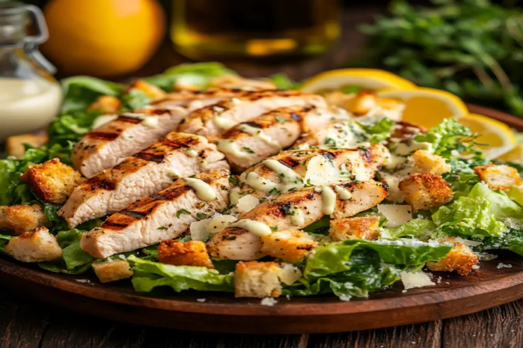 Freshly plated Grilled Chicken Caesar Salad with lettuce, chicken, croutons, Parmesan, and dressing on a wooden table