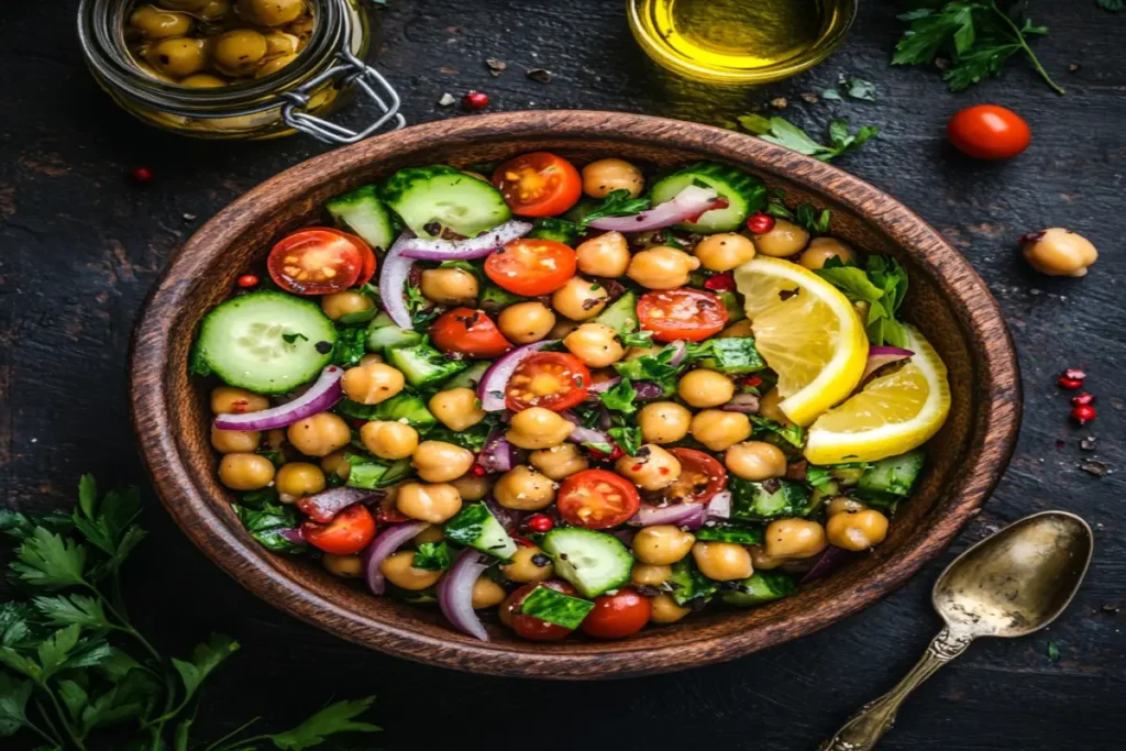 Top-down view of a Mediterranean Chickpea Salad in a rustic wooden bowl surrounded by fresh vegetables, herbs, and a jar of olive oil.