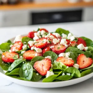 Fresh strawberry spinach salad with feta on a white plate in a bright kitchen setting.