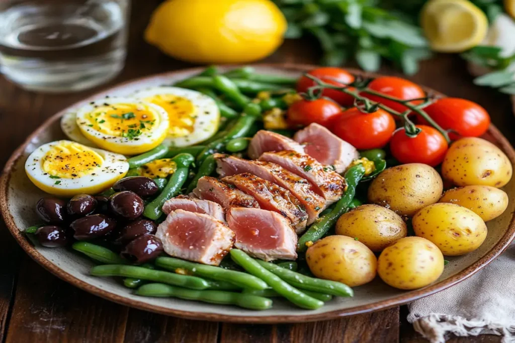 A beautifully plated Tuna Niçoise Salad with green beans, cherry tomatoes, boiled eggs, potatoes, olives, and seared tuna slices, drizzled with olive oil dressing on a ceramic plate.