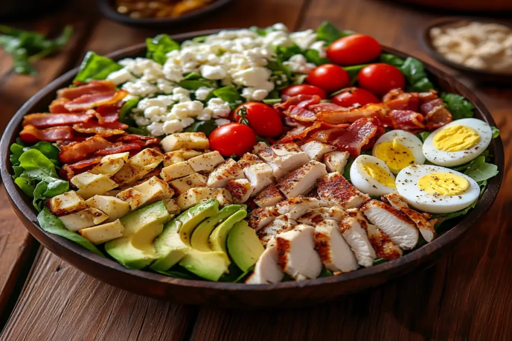 A beautifully arranged Cobb salad on a rustic wooden table, featuring vibrant greens, grilled chicken, sliced avocado, hard-boiled eggs, cherry tomatoes, turkey bacon, and crumbled feta cheese, drizzled with