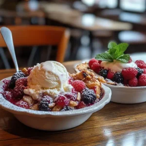 Warm cobbler with melting ice cream next to a chilled slice garnished with fresh berries and mint.