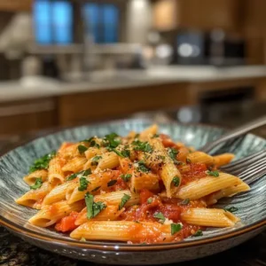 A plate of Penne Arrabbiata topped with fresh parsley and chili flakes, served on a rustic ceramic plate.