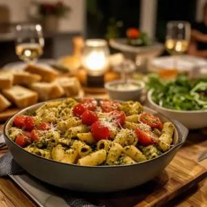 Cozy dinner table with a serving bowl of pesto pasta and cherry tomatoes, surrounded by side dishes and warm lighting.