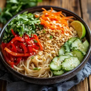 Close-up of Thai Peanut Noodle Salad with rice noodles, creamy peanut sauce, shredded carrots, bell peppers, and crushed peanuts.