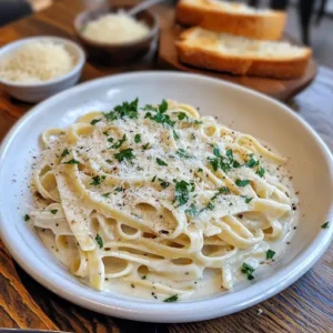 A plated dish of creamy Fettuccine Alfredo garnished with parsley and Parmesan, served with garlic bread on a rustic table.