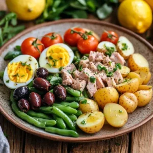 A classic Tuna Niçoise Salad with green beans, boiled eggs, cherry tomatoes, potatoes, olives, and tuna drizzled with olive oil vinaigrette.