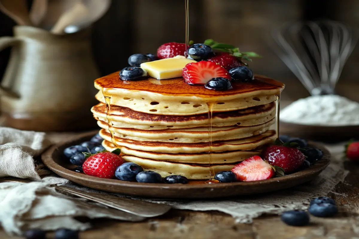 A stack of fluffy golden-brown pancakes topped with melting butter, fresh berries, and maple syrup on a rustic plate.