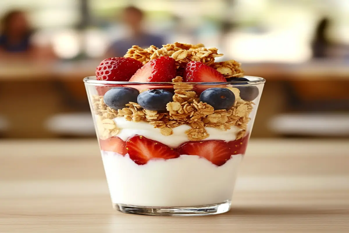 A Chick-fil-A yogurt parfait with Greek yogurt, strawberries, blueberries, and granola, presented in a clear glass on a wooden table.