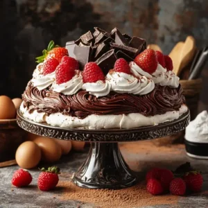 A chocolate pavlova cake with a cocoa-swirled meringue base topped with whipped cream, fresh berries, and chocolate shavings on a cake stand.