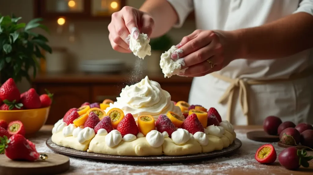 Baker spreading whipped cream on a pavlova base with fresh fruits like strawberries and passion fruit nearby.