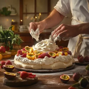 Baker spreading whipped cream on a pavlova base with fresh fruits like strawberries and passion fruit nearby.