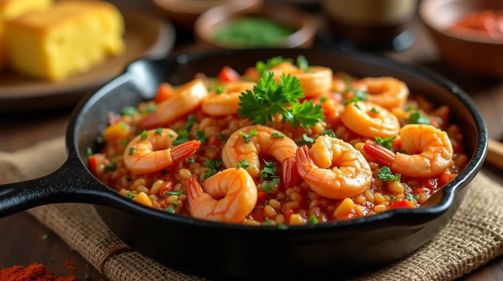 Shrimp jambalaya served in a skillet with shrimp, rice, vegetables, and parsley garnish.