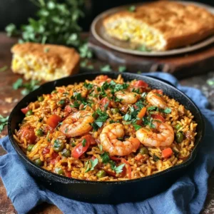 Shrimp jambalaya served in a skillet with shrimp, rice, vegetables, and parsley garnish.