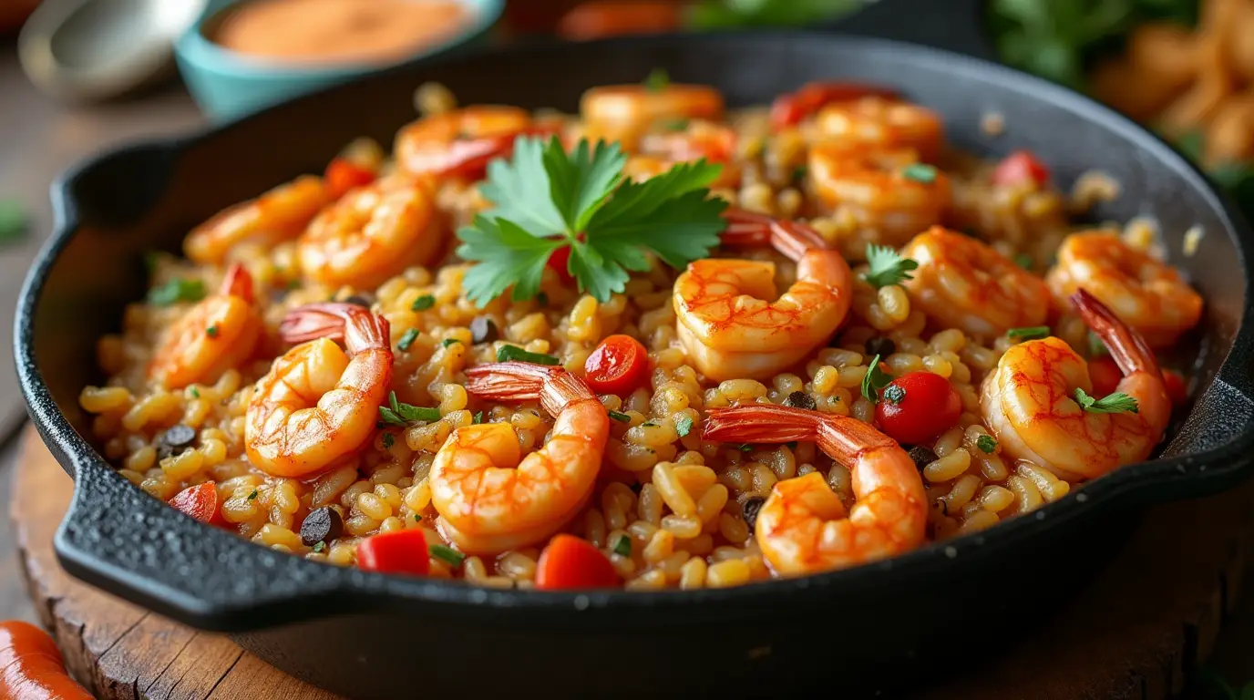 Shrimp Jambalaya in a cast-iron skillet with vegetables, shrimp, and rice garnished with parsley.