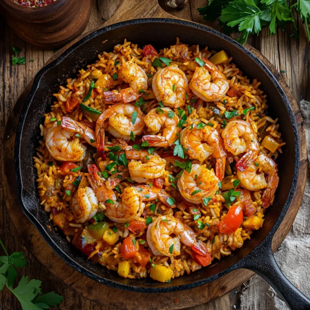 Shrimp Jambalaya in a cast-iron skillet with vegetables, shrimp, and rice garnished with parsley.