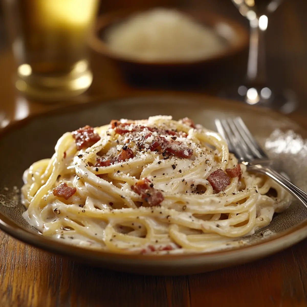 A plate of creamy spaghetti carbonara with Pecorino Romano, crispy beef bacon, and black pepper on a rustic Italian table.