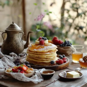 A breakfast spread featuring Baghrir pancakes, Moroccan mint tea, fresh fruit, and honey on a beautifully set table.