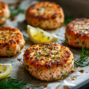 Golden-brown baked salmon burgers garnished with fresh dill and lemon wedges.