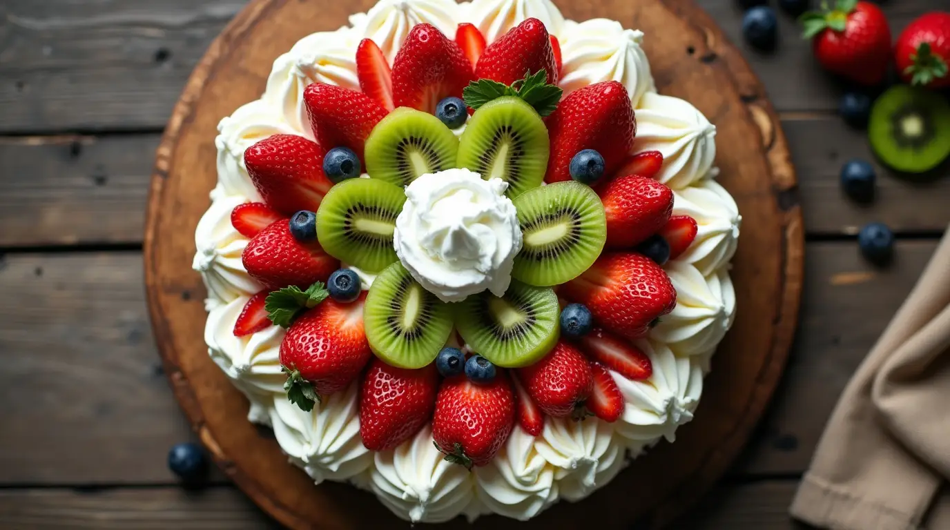 A pavlova dessert with a crisp meringue shell, whipped cream, and fresh fruits like strawberries and kiwi on a rustic wooden table.