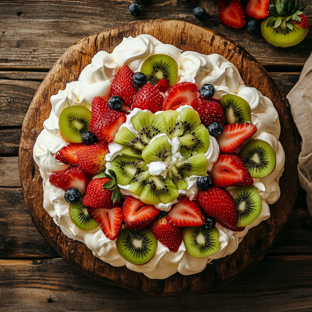 A pavlova dessert with a crisp meringue shell, whipped cream, and fresh fruits like strawberries and kiwi on a rustic wooden table.