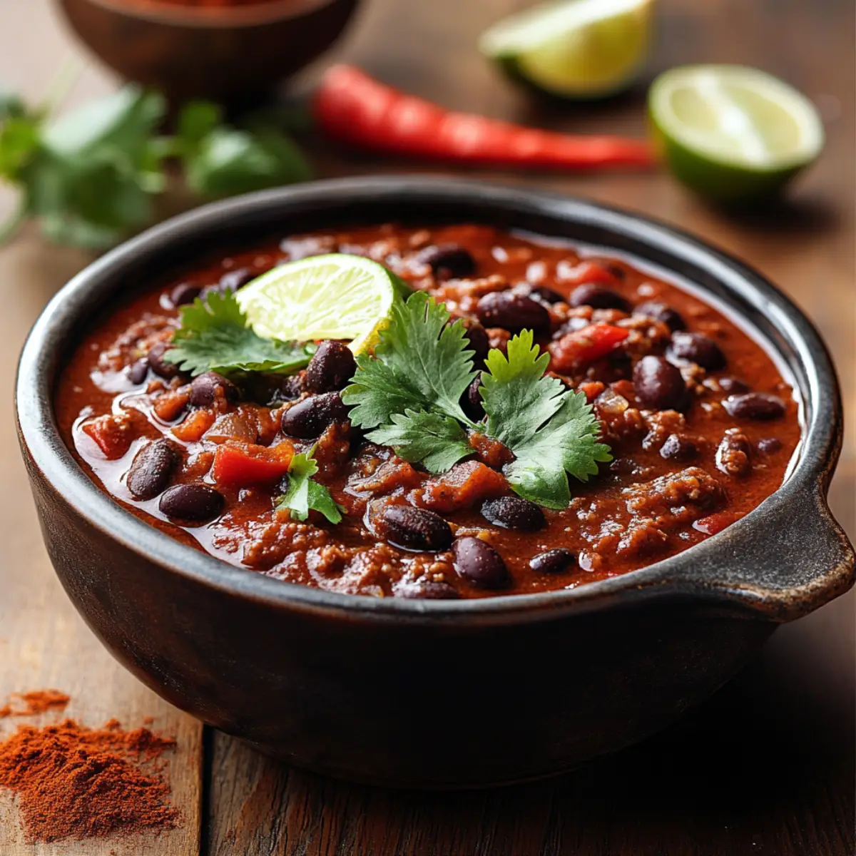 A bowl of hearty chili made with black beans, garnished with cilantro and lime, surrounded by chili spices on a rustic table.