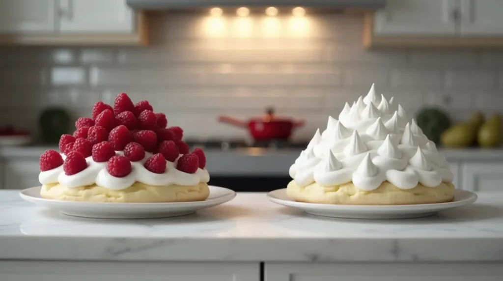 Comparison of a chewy pavlova and a perfectly crisp pavlova.