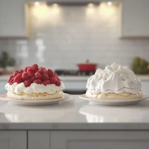 Comparison of a chewy pavlova and a perfectly crisp pavlova.